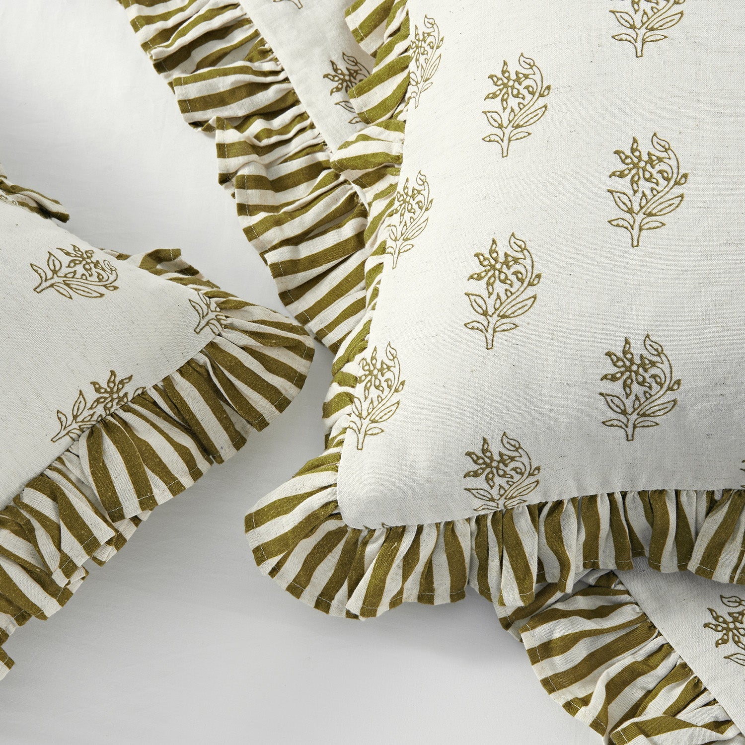 Darcy Floral Olive Green Ruffle Linen Blend Duvet Set