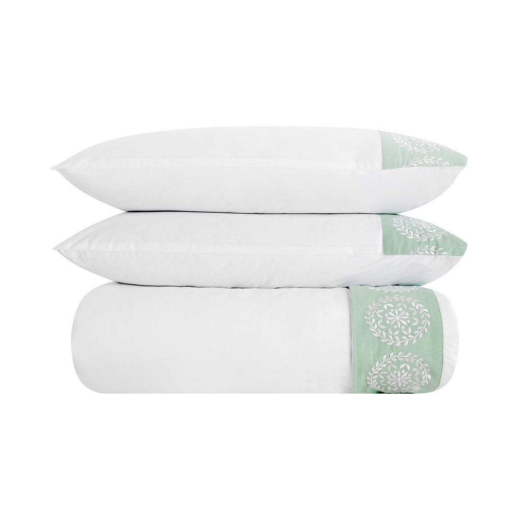 Elodie White & Seafoam Green Floral Embroidered 300 Thread Count Cotton Percale Duvet Set