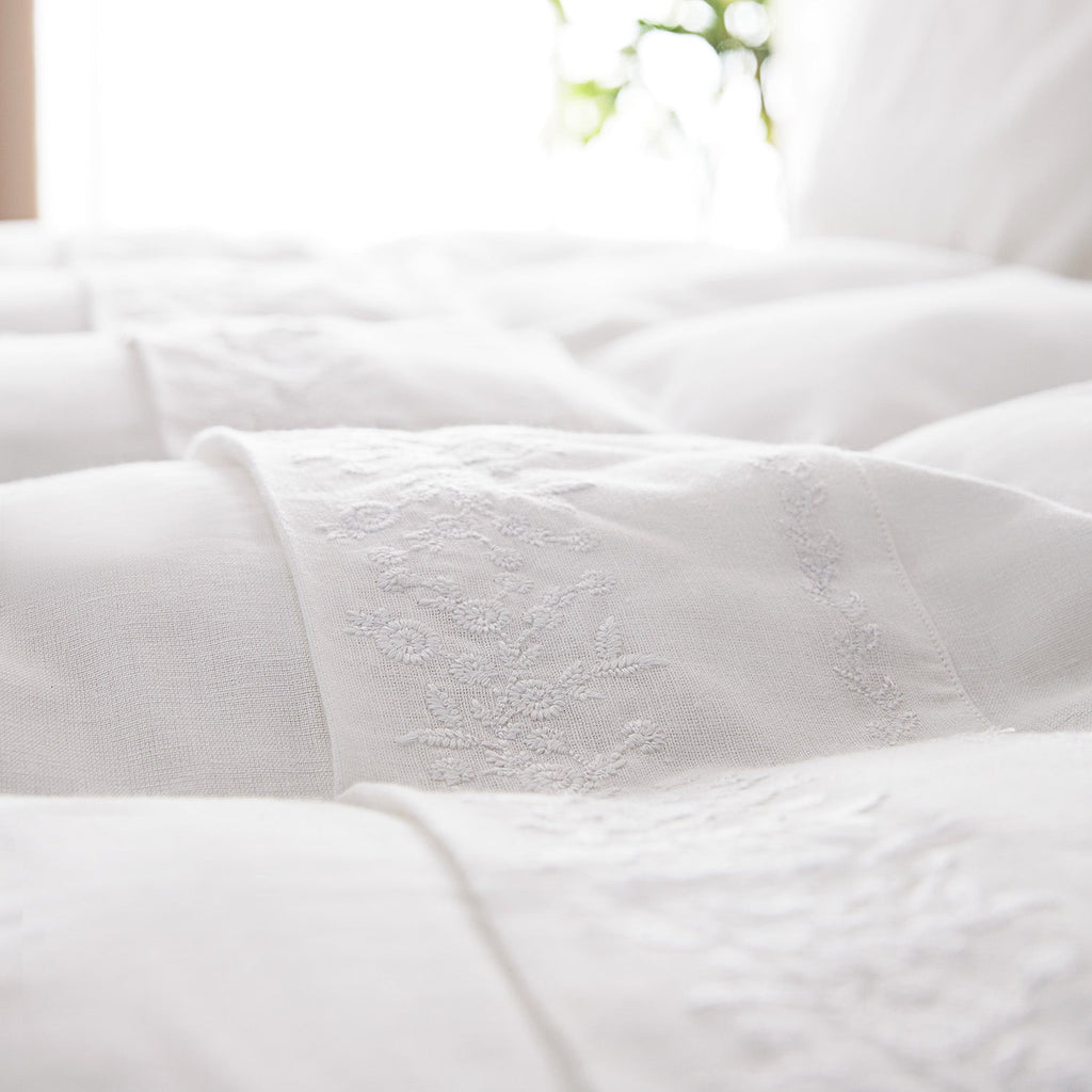 Esmeralda White Floral Embroidered Linen Blend Duvet Set