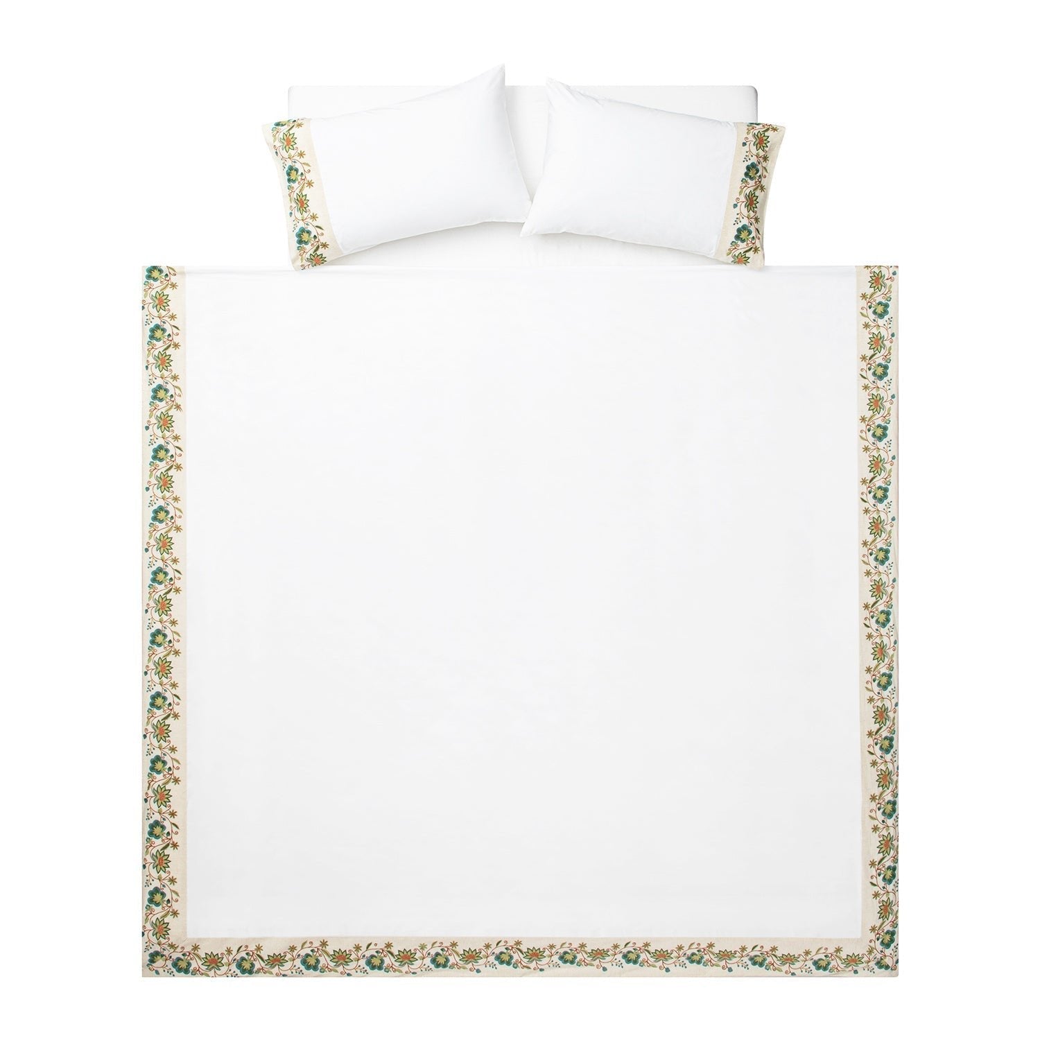 Flora & Fauna White Jacobean Floral Embroidered 300 Thread Count Cotton Percale Duvet Set