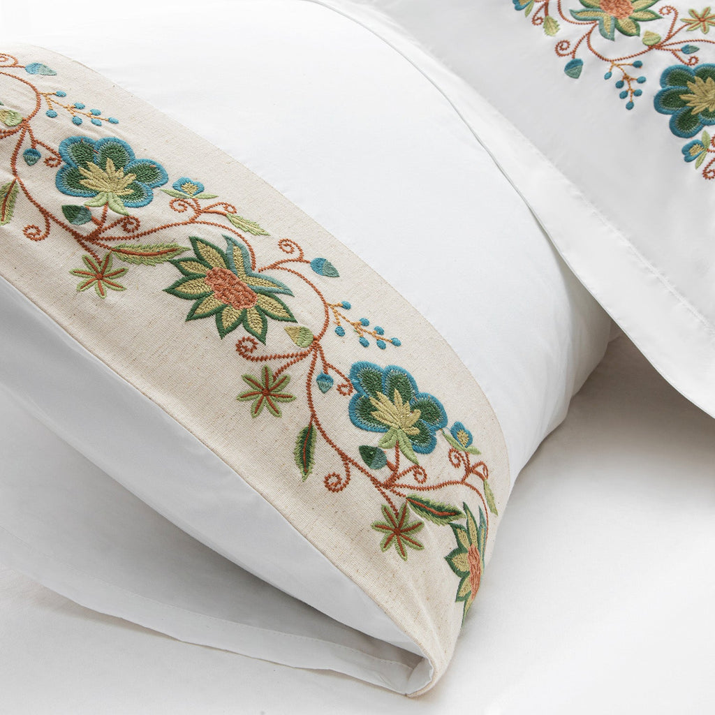 Flora & Fauna White Jacobean Floral Embroidered 300 Thread Count Cotton Percale Duvet Set