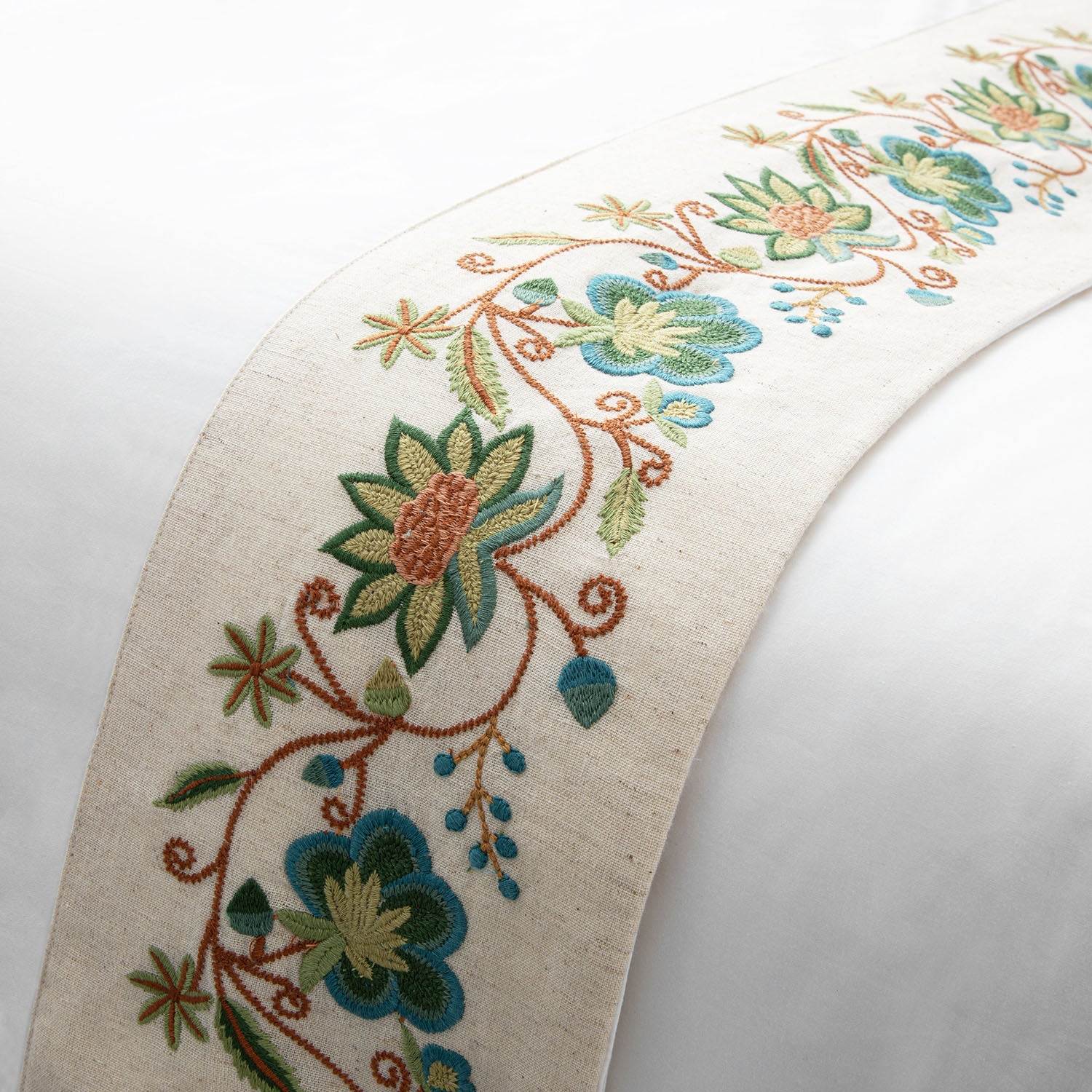 Flora & Fauna White Jacobean Floral Embroidered 300 Thread Count Cotton Percale Duvet Set