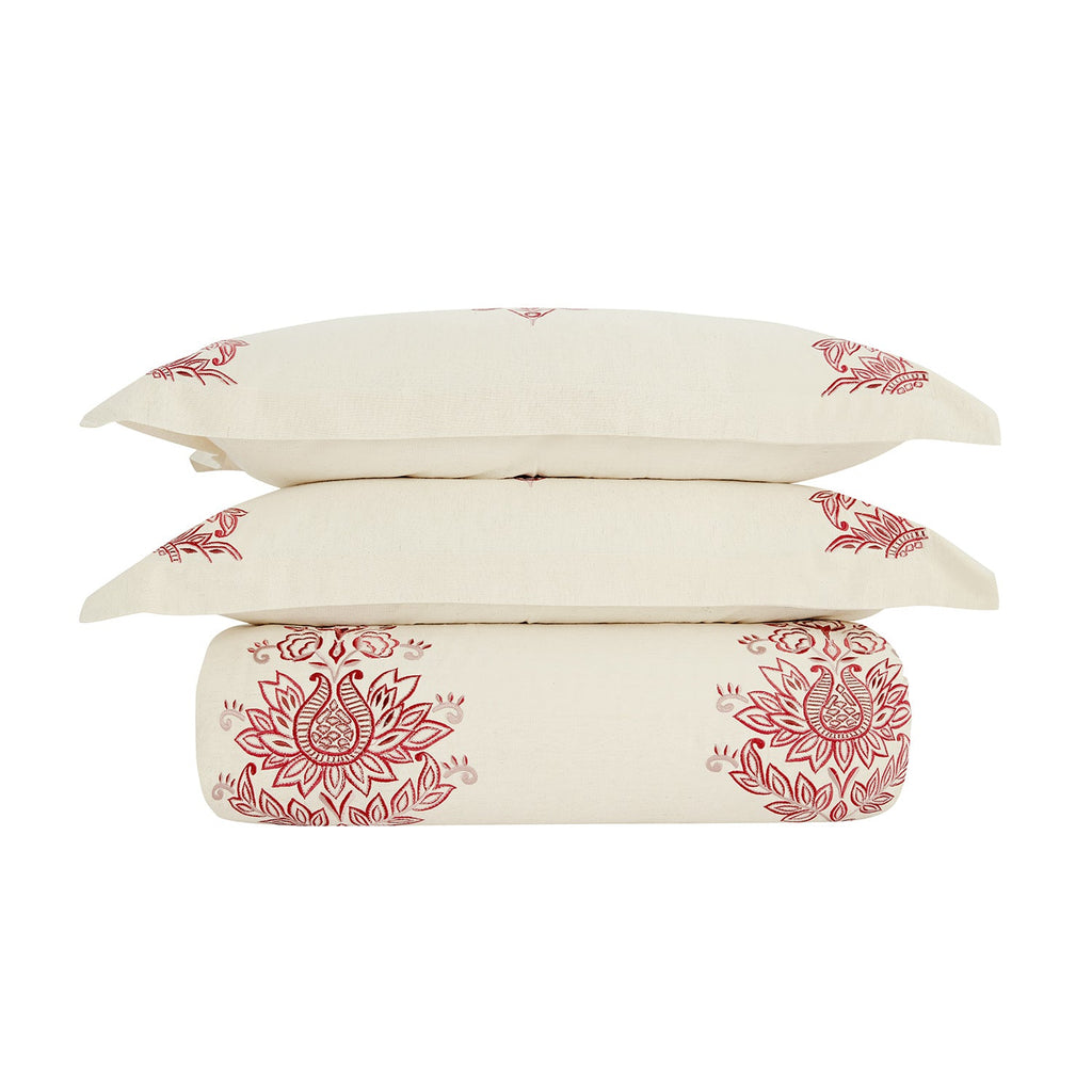Isadora Garnet Red Damask Embroidered Linen Blend Duvet Set
