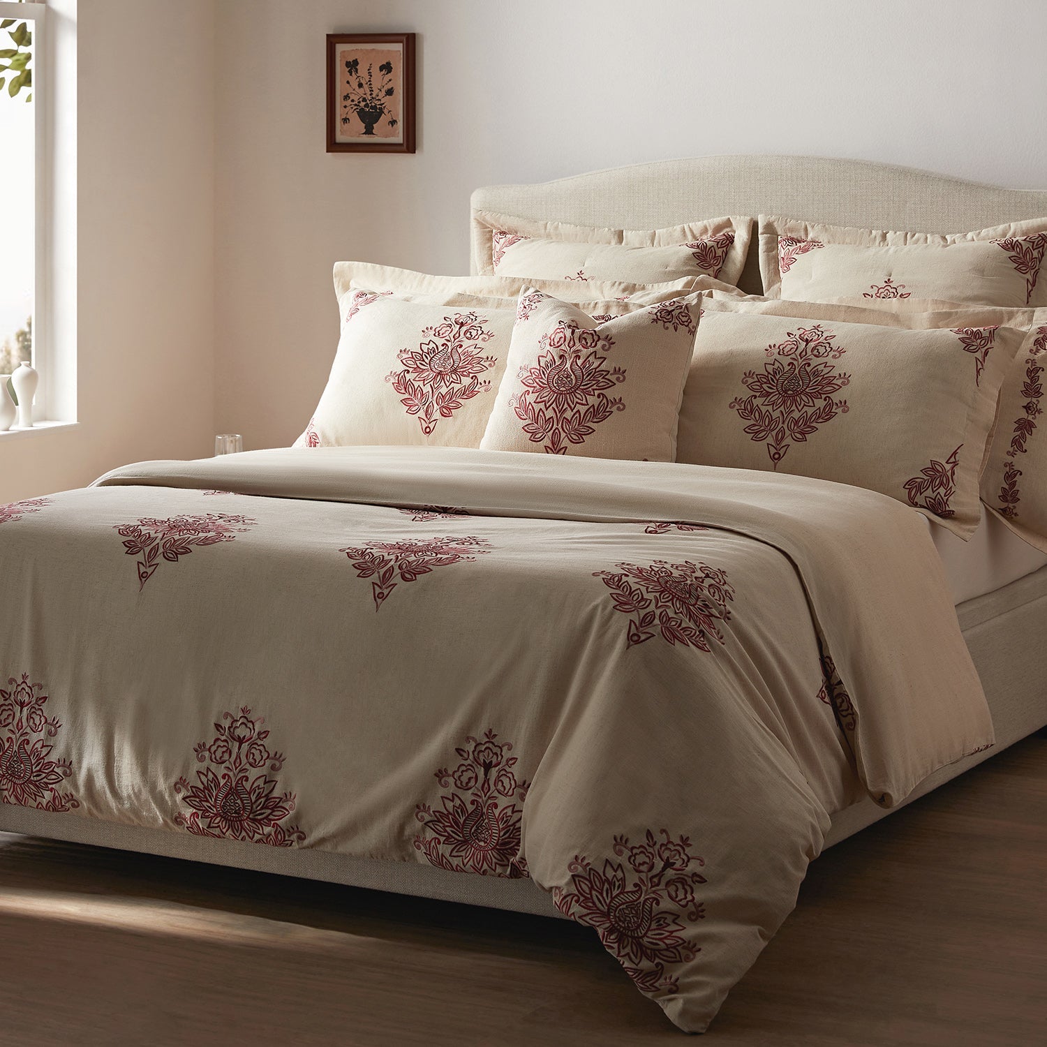 Isadora Garnet Red Damask Embroidered Linen Blend Duvet Set