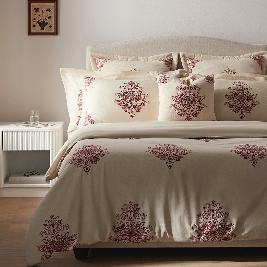 Isadora Garnet Red Damask Embroidered Linen Blend Duvet Set