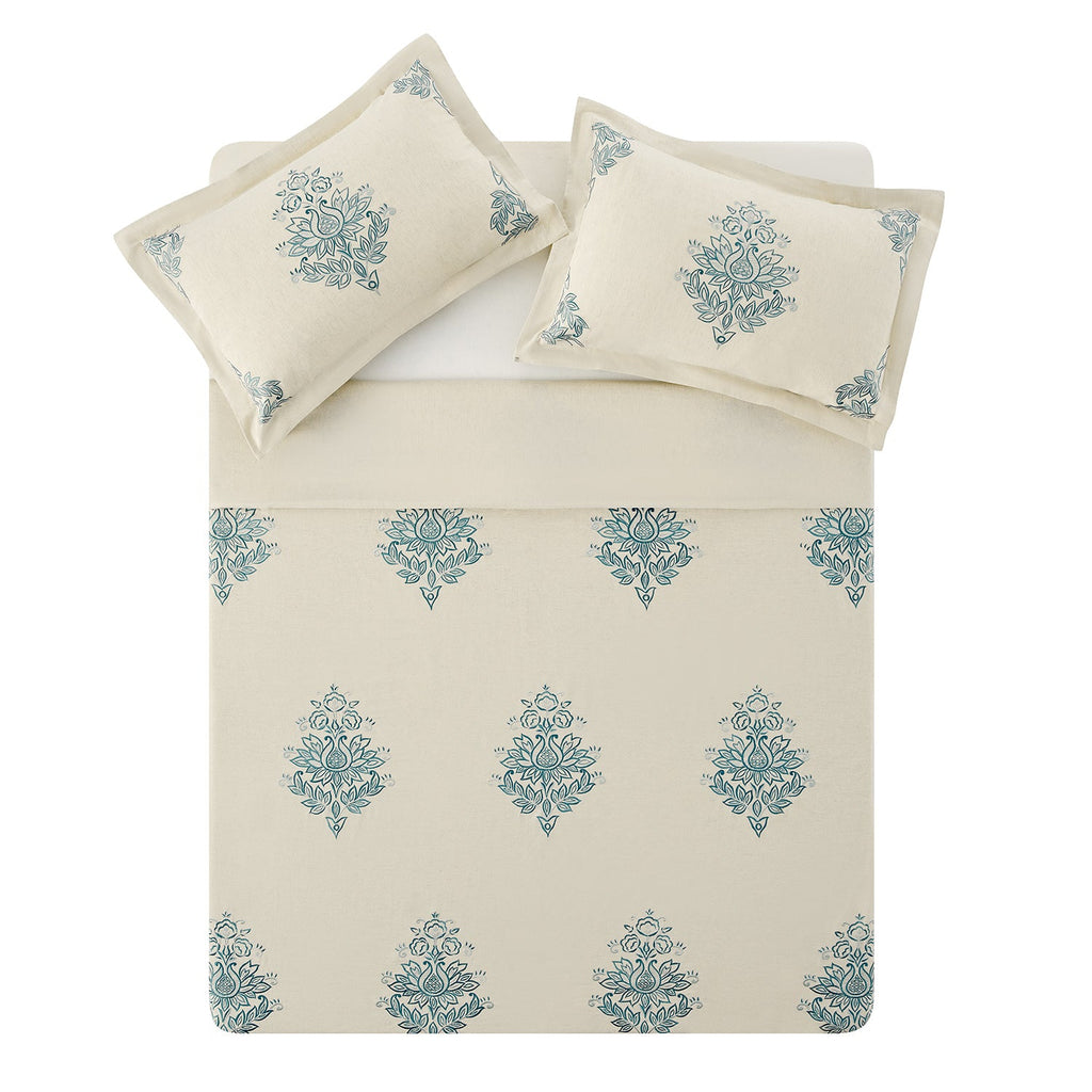 Isadora Teal Damask Embroidered Linen Blend Duvet Set