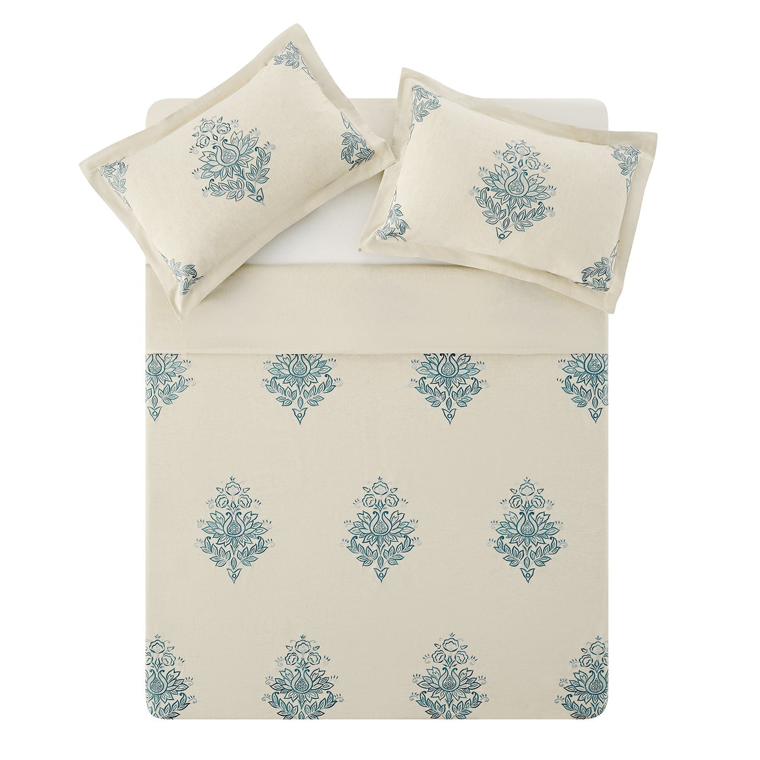 Isadora Teal Damask Embroidered Linen Blend Duvet Set