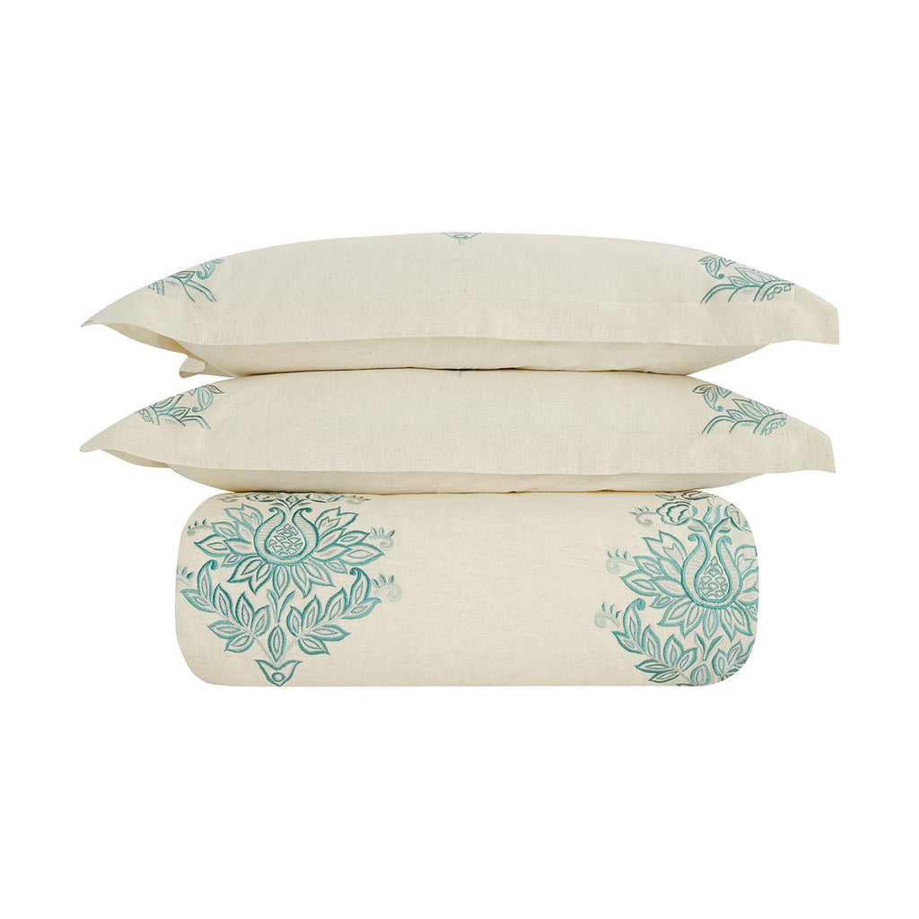 Isadora Teal Damask Embroidered Linen Blend Duvet Set