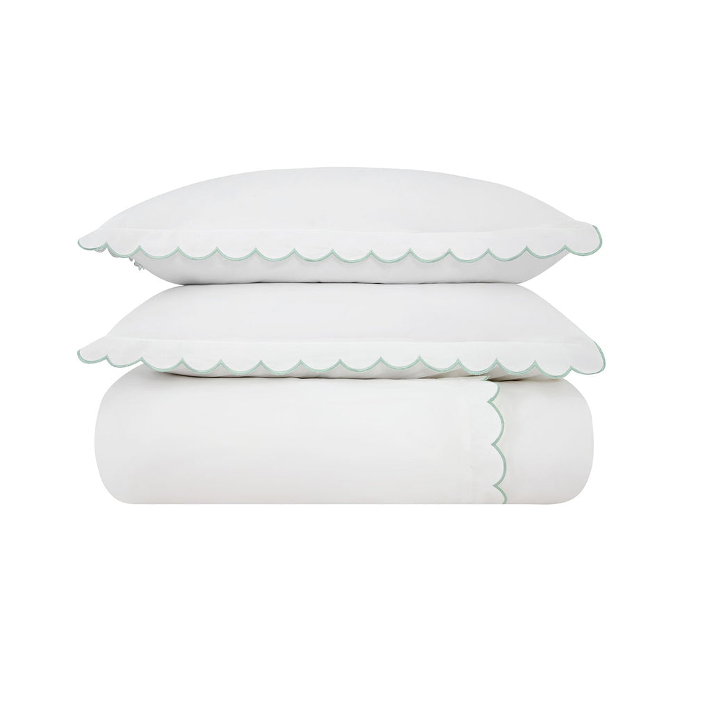 Margot Pistachio Green Embroidered Scallop 300 Thread Count Cotton Percale Duvet Set