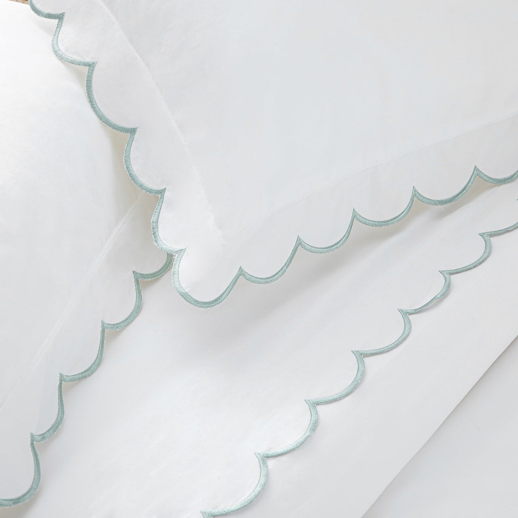 Margot Pistachio Green Embroidered Scallop 300 Thread Count Cotton Percale Duvet Set