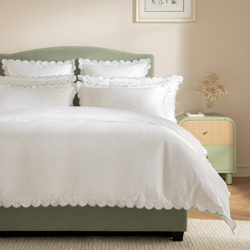 Margot Pistachio Green Embroidered Scallop 300 Thread Count Cotton Percale Duvet Set