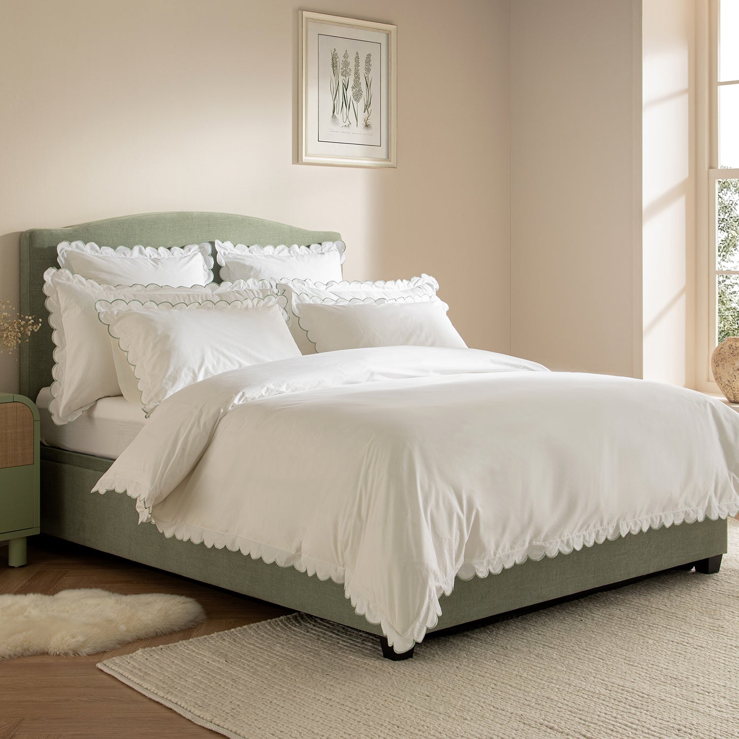 Margot Pistachio Green Embroidered Scallop 300 Thread Count Cotton Percale Duvet Set