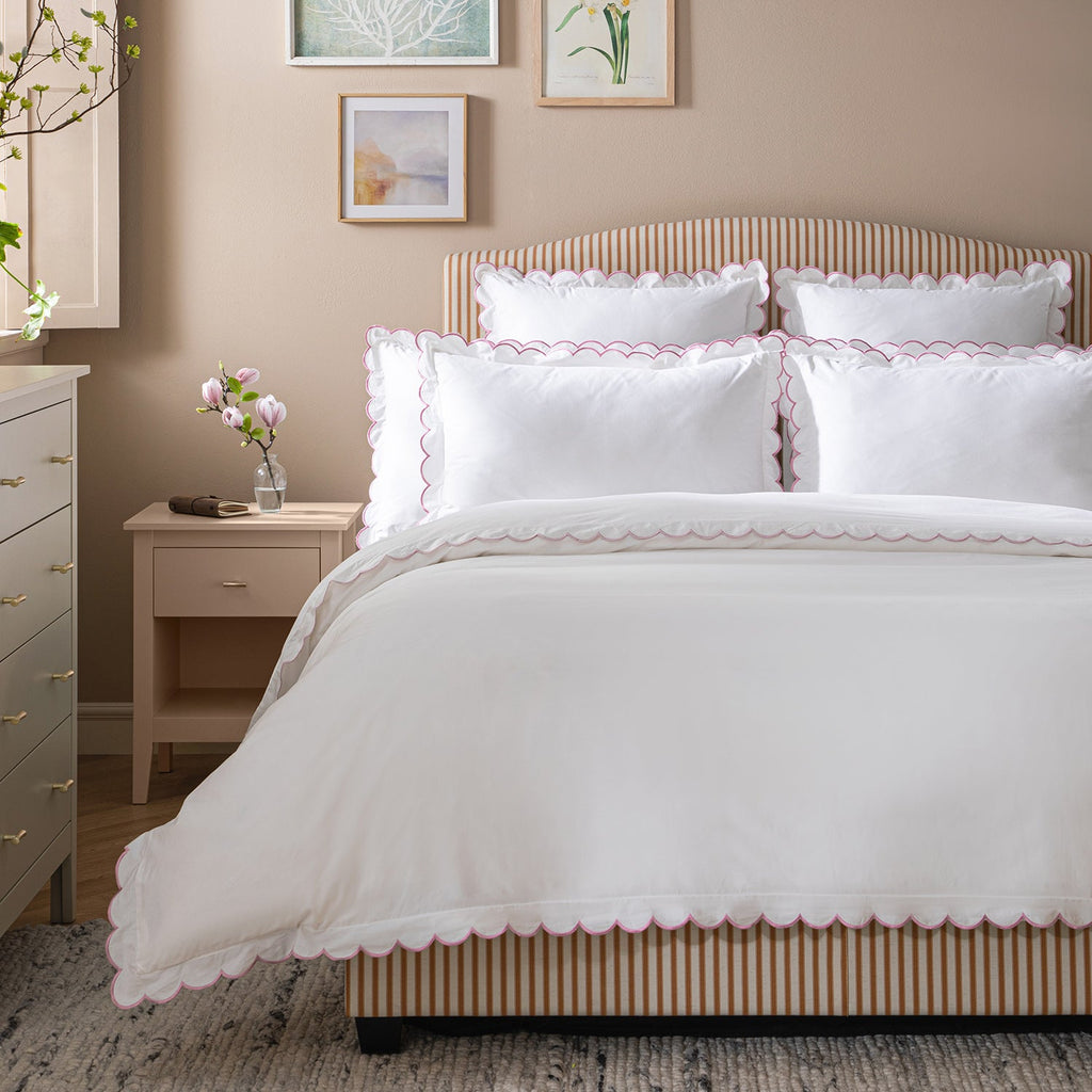 Margot Rose Pink Embroidered Scallop 300 Thread Count Cotton Percale Duvet Set