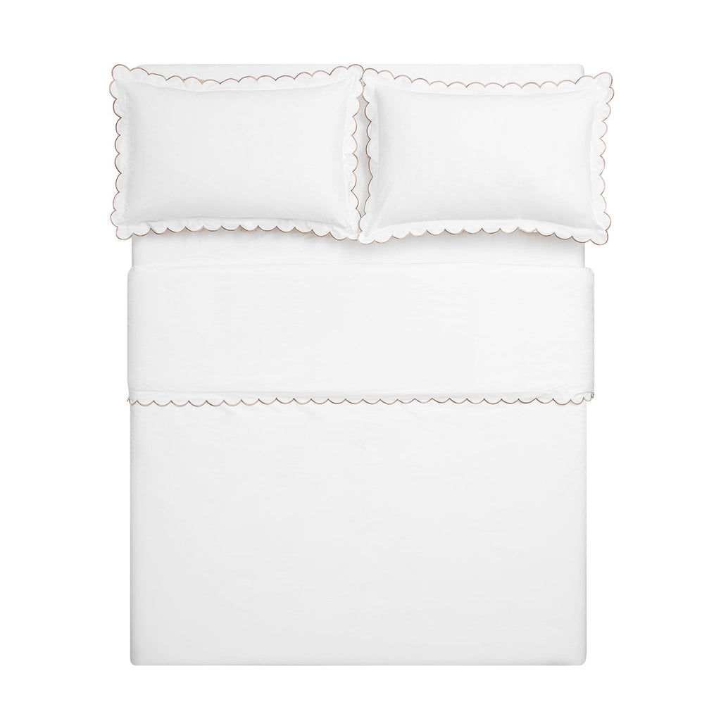 Margot Taupe Embroidered Scallop 300 Thread Count Cotton Percale Duvet Set