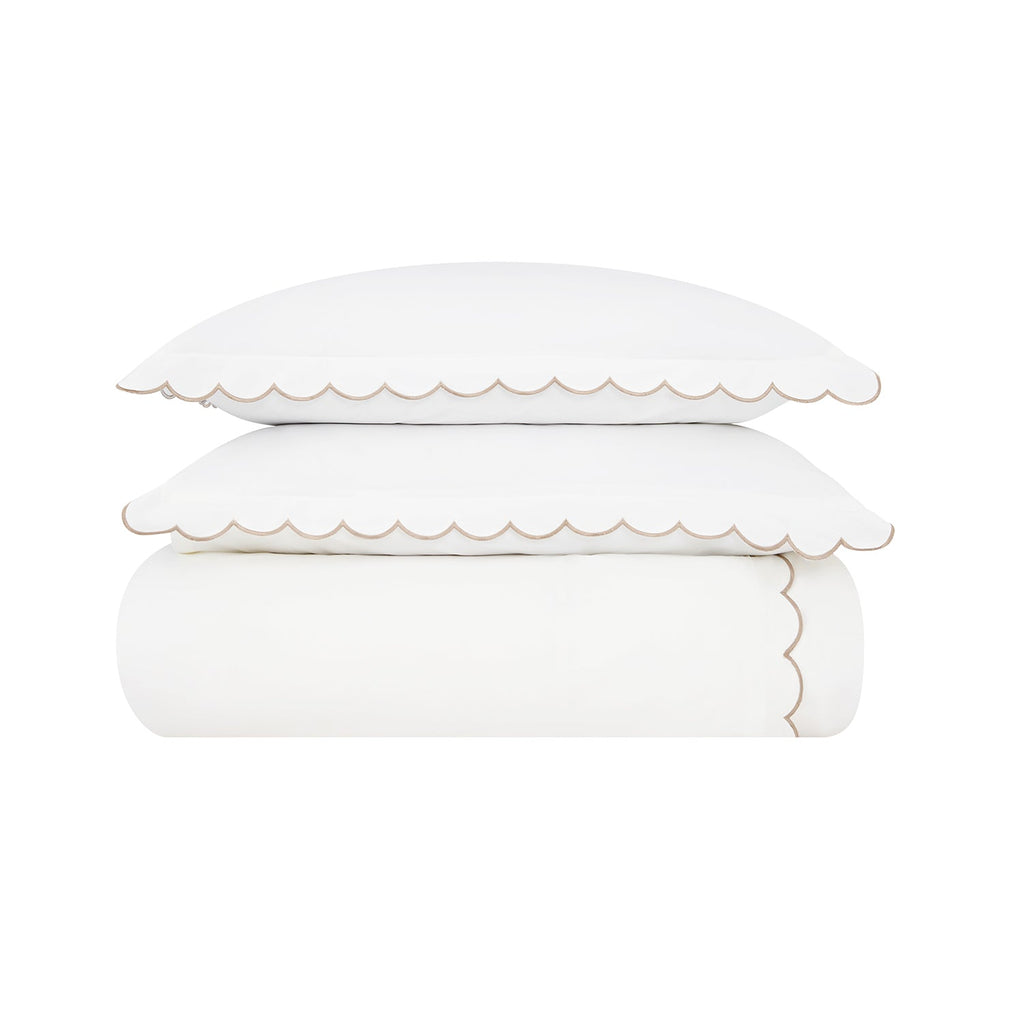 Margot Taupe Embroidered Scallop 300 Thread Count Cotton Percale Duvet Set