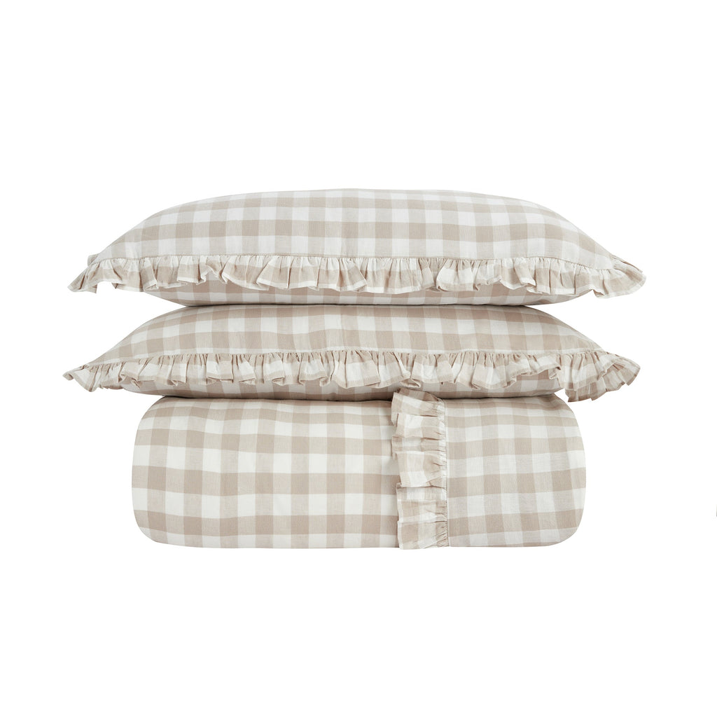 Matilda Beige Gingham Ruffle Linen Blend Duvet Set