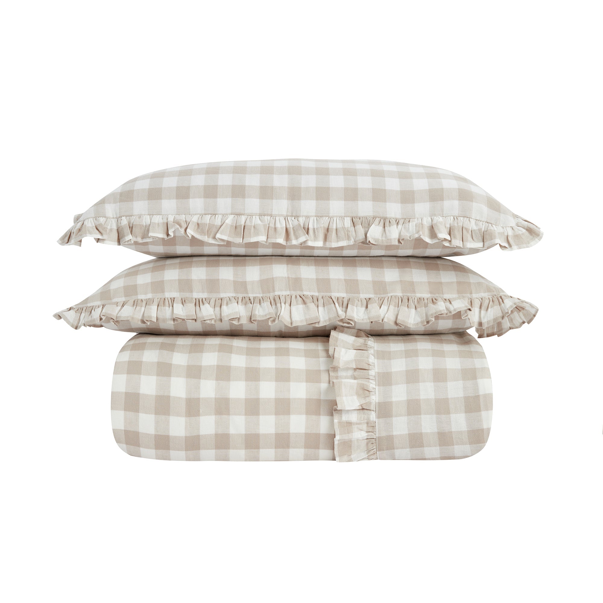 Matilda Beige Gingham Ruffle Linen Blend Duvet Set