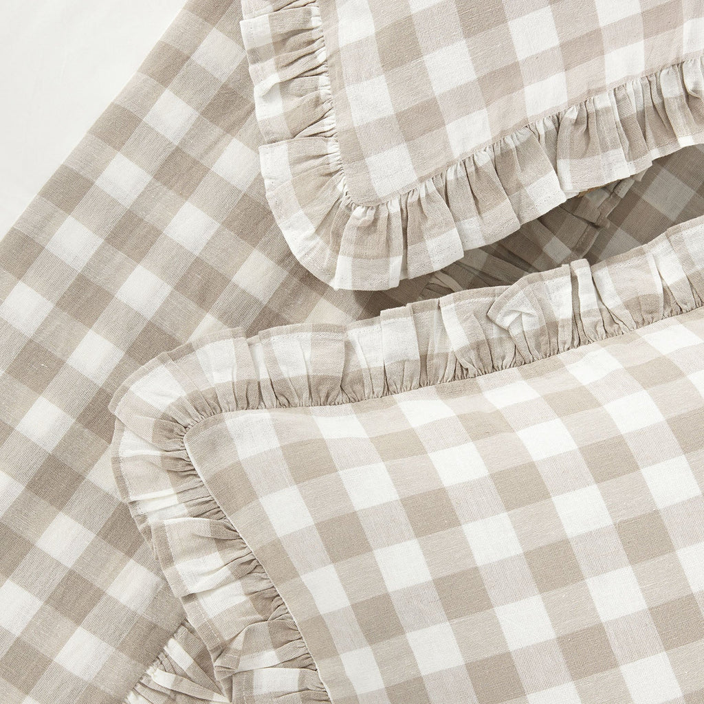 Matilda Beige Gingham Ruffle Linen Blend Duvet Set