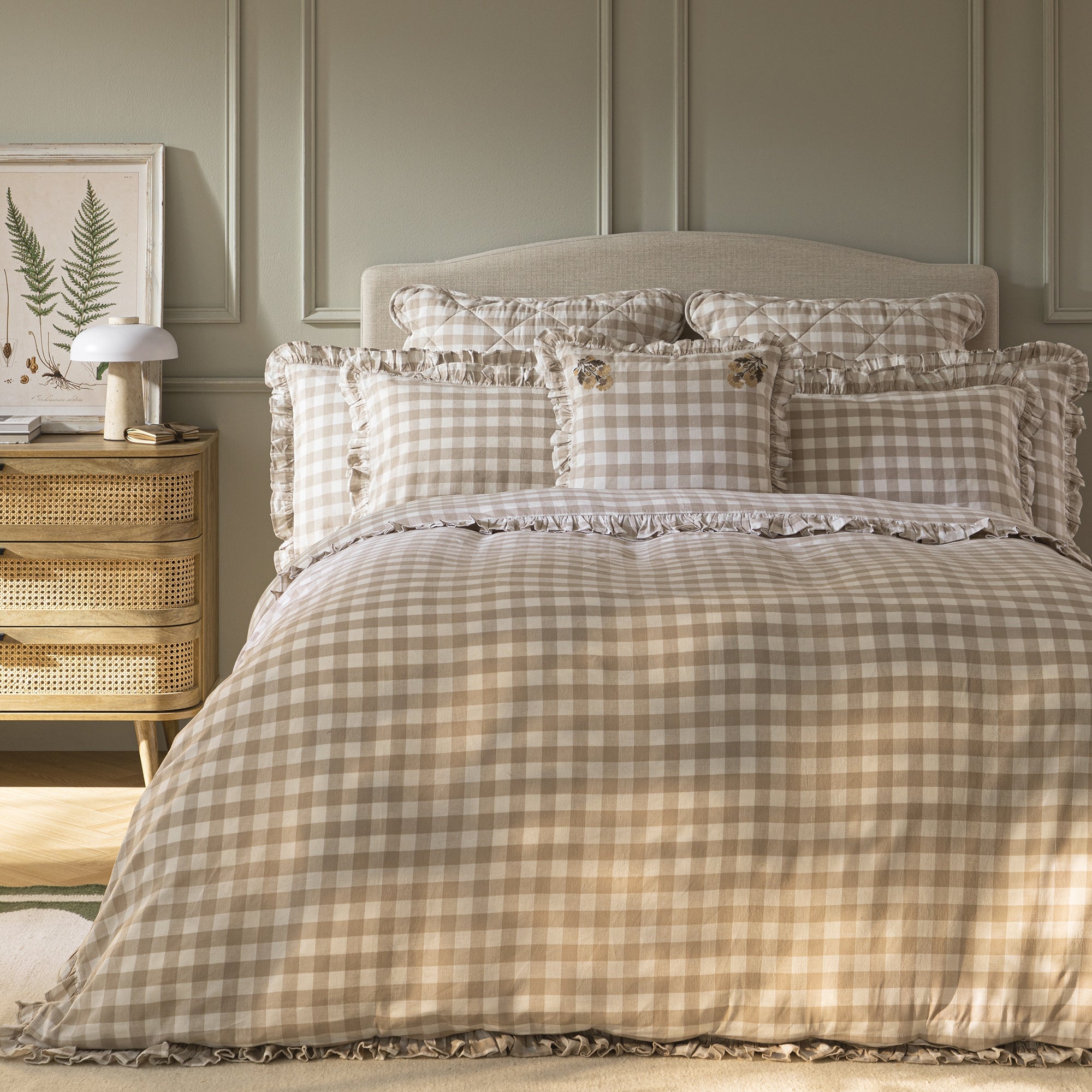 Matilda Beige Gingham Ruffle Linen Blend Duvet Set