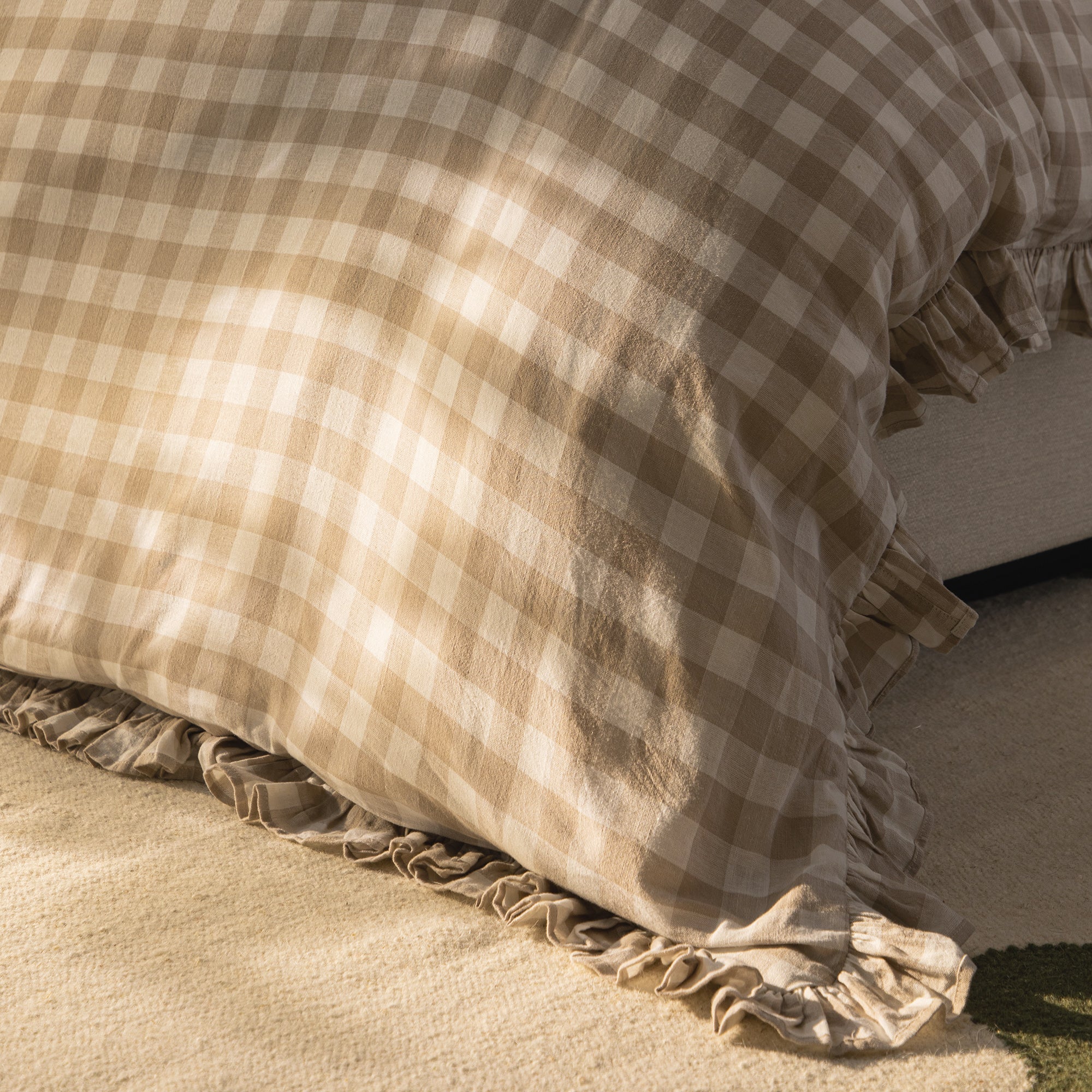 Matilda Beige Gingham Ruffle Linen Blend Duvet Set