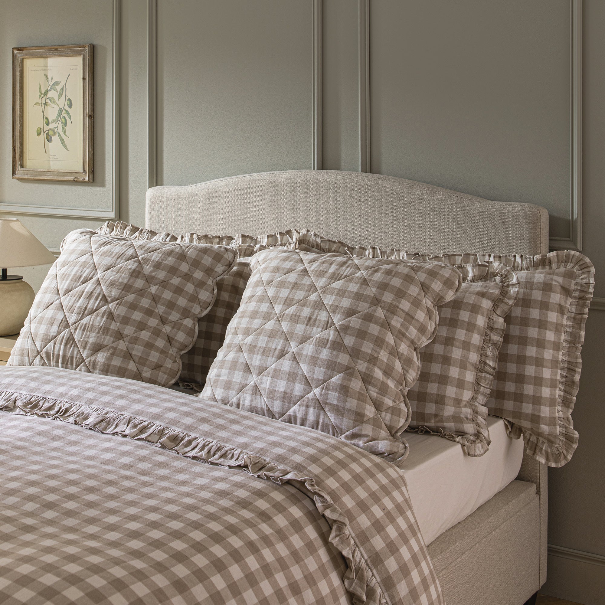 Matilda Beige Gingham Ruffle Linen Blend Duvet Set