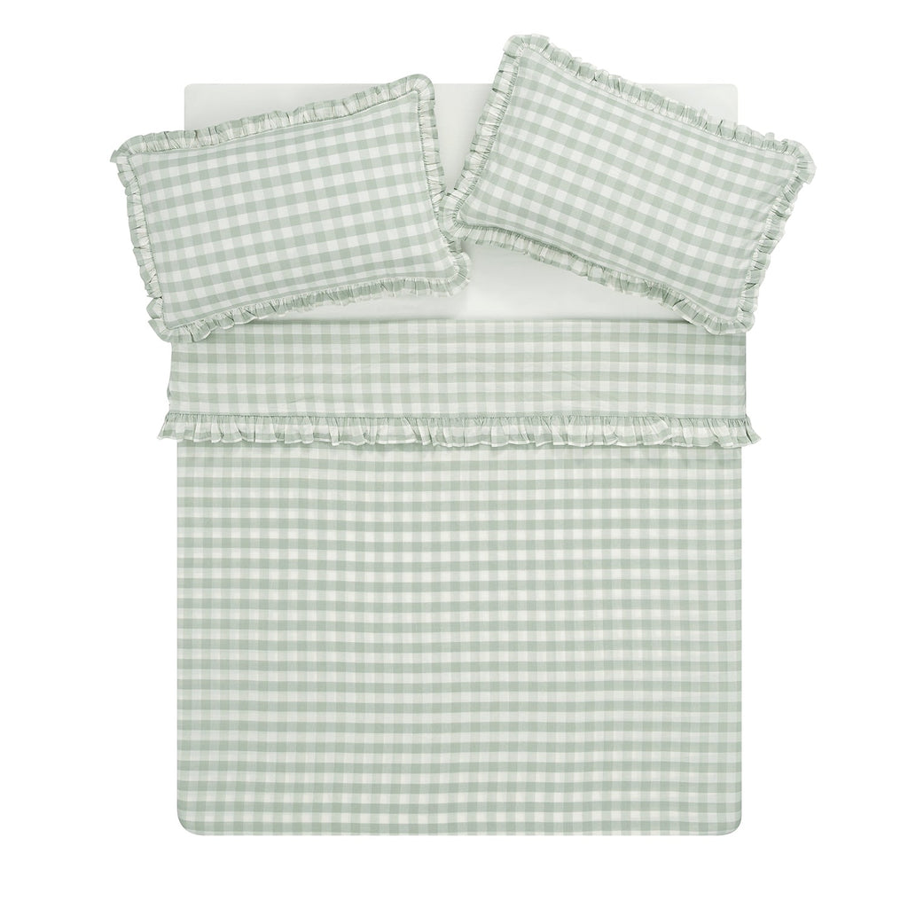 Matilda Sage Green Gingham Ruffle Linen Blend Duvet Set