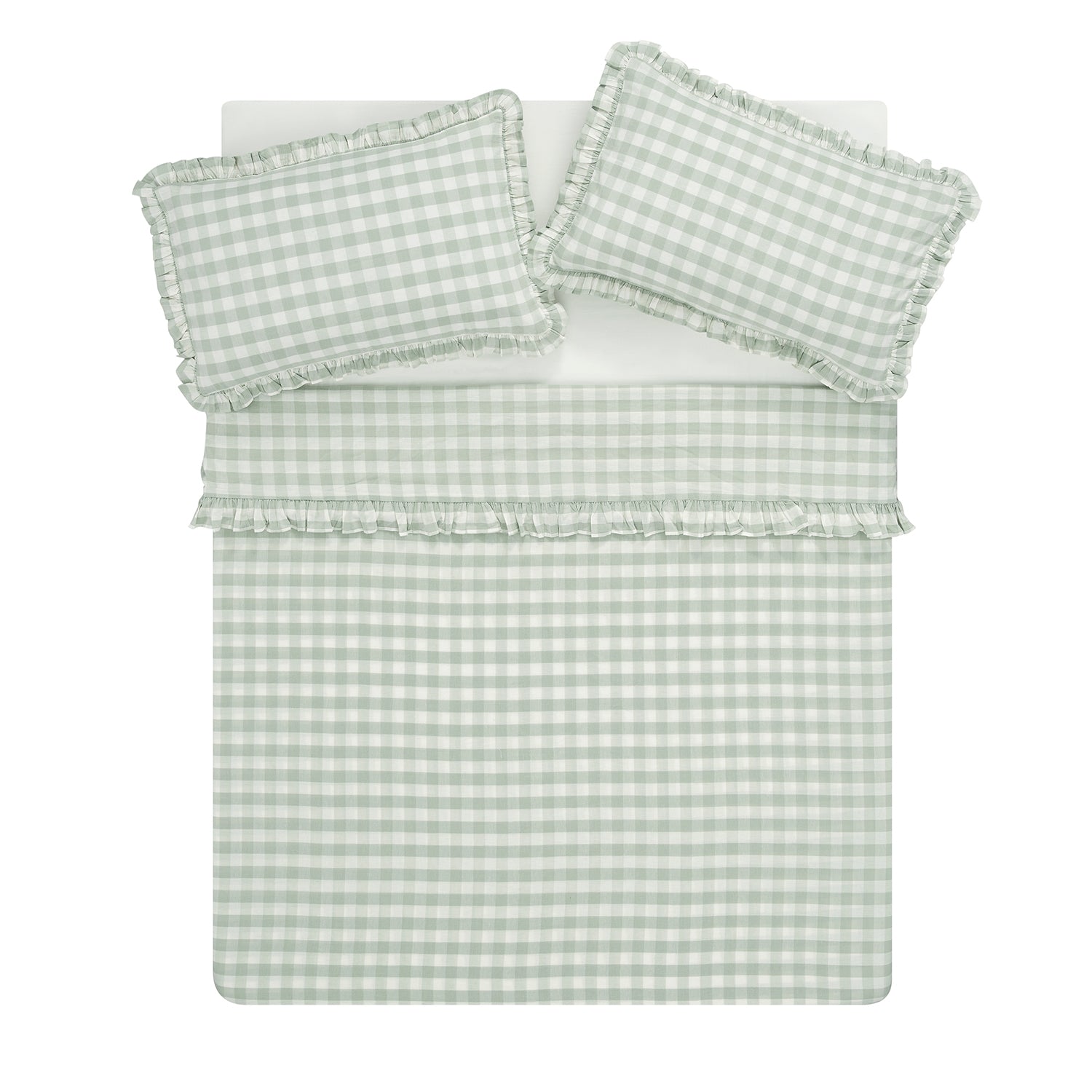 Matilda Sage Green Gingham Ruffle Linen Blend Duvet Set