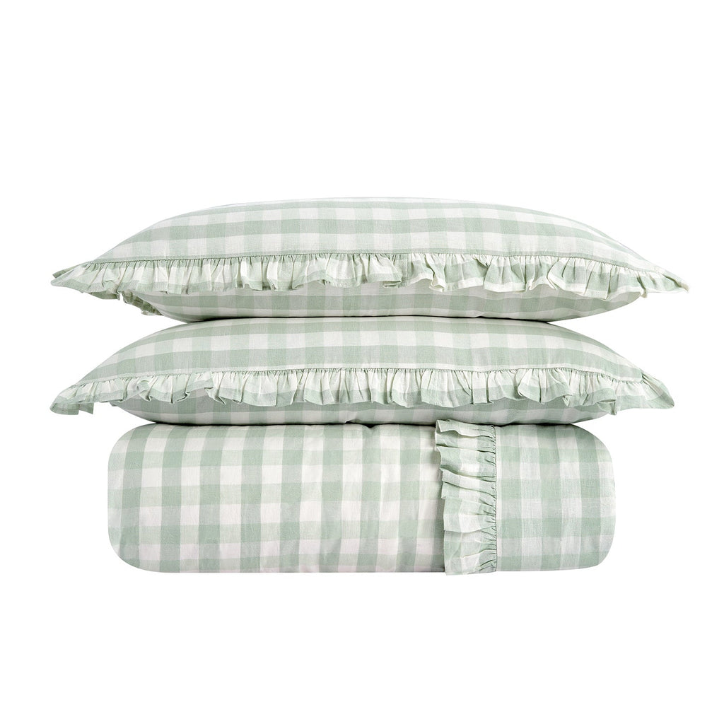 Matilda Sage Green Gingham Ruffle Linen Blend Duvet Set