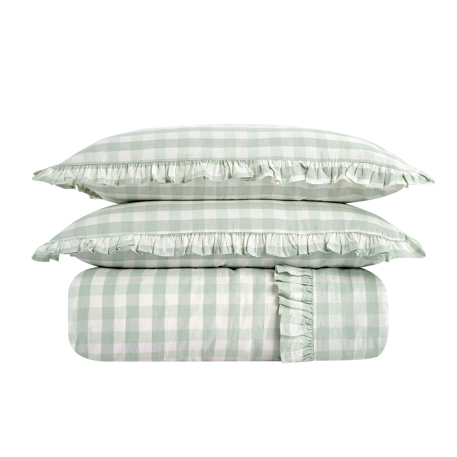 Matilda Sage Green Gingham Ruffle Linen Blend Duvet Set