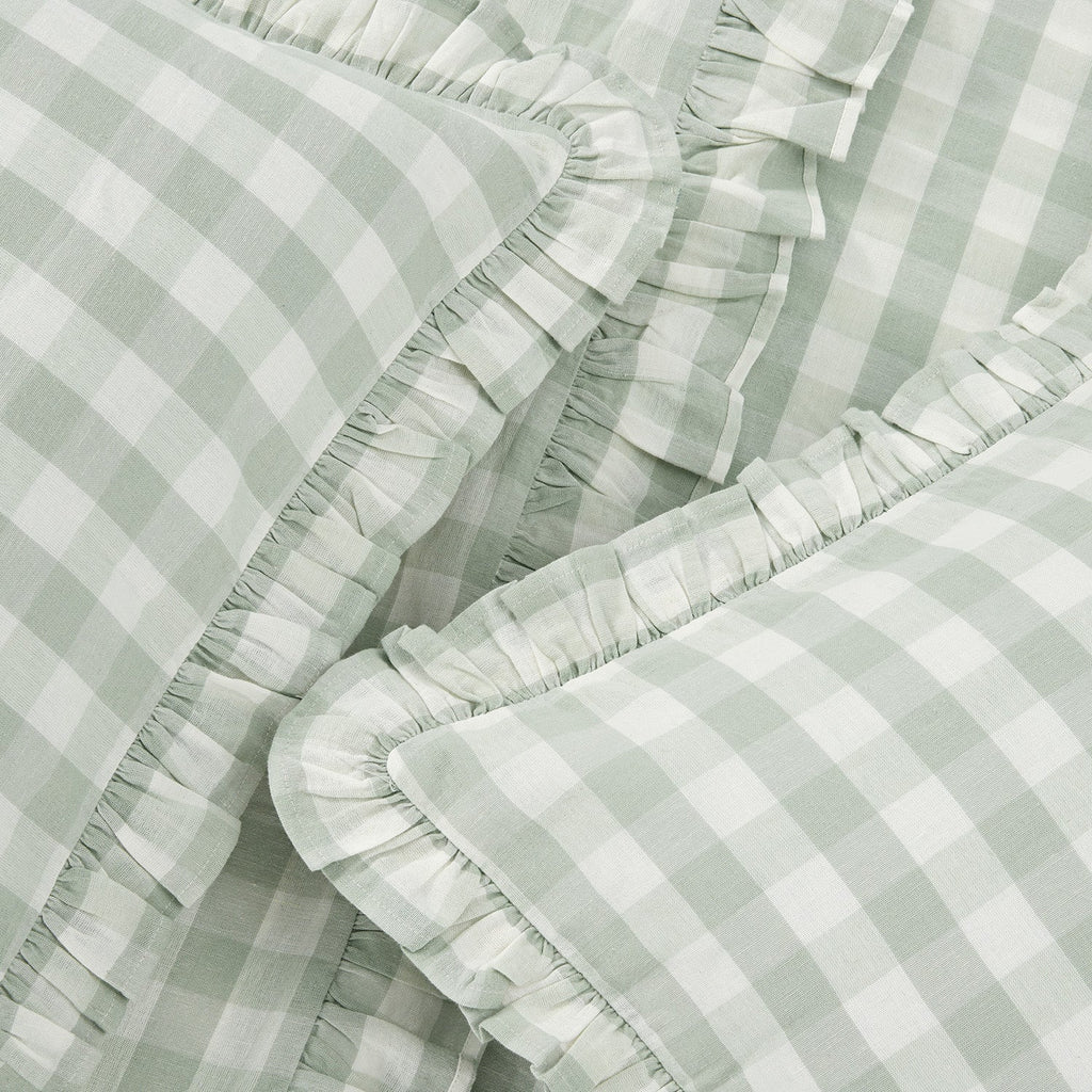 Matilda Sage Green Gingham Ruffle Linen Blend Duvet Set