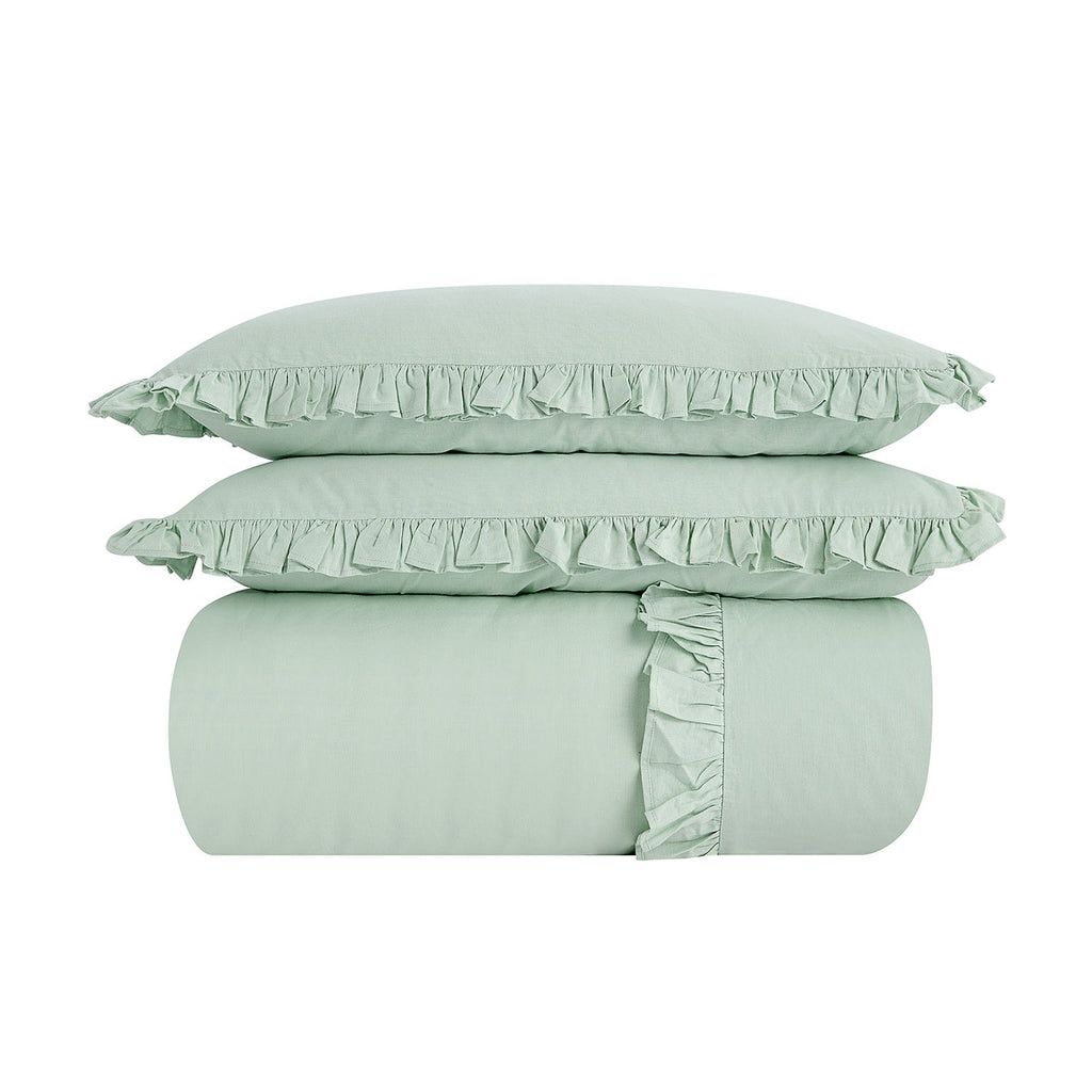 Matilda Seafoam Green Ruffle Linen Blend Duvet Set