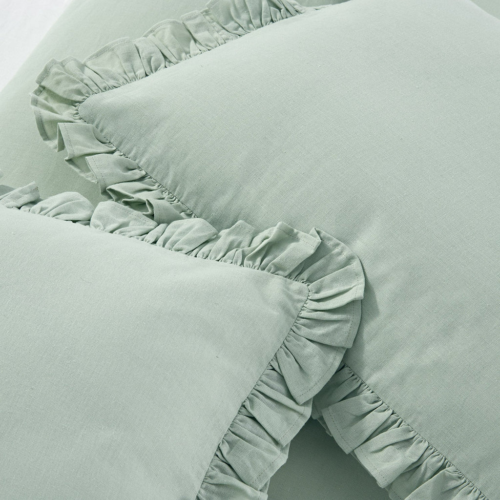 Matilda Seafoam Green Ruffle Linen Blend Duvet Set