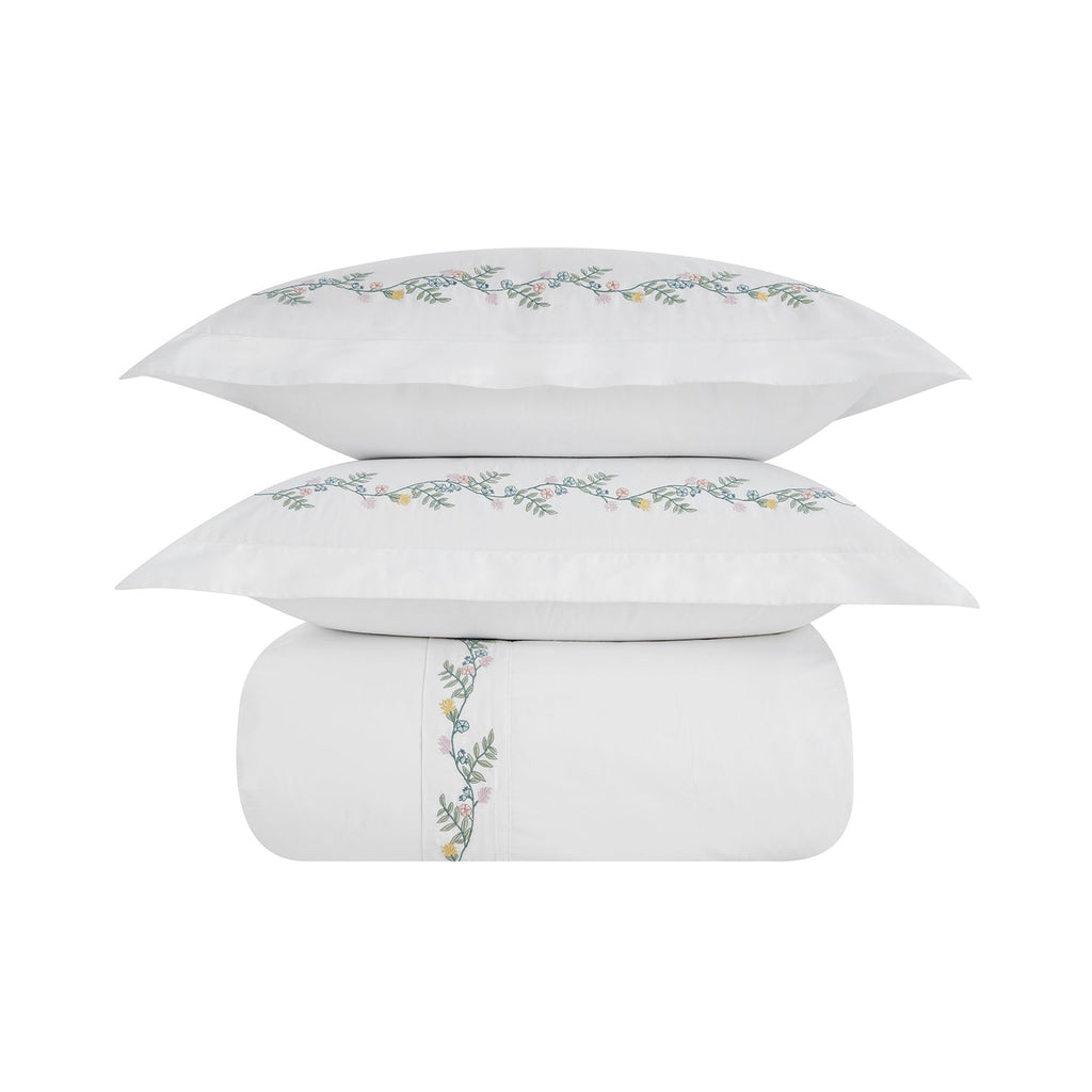 Meadow White Floral Embroidered 300 Thread Count Cotton Percale Duvet Set
