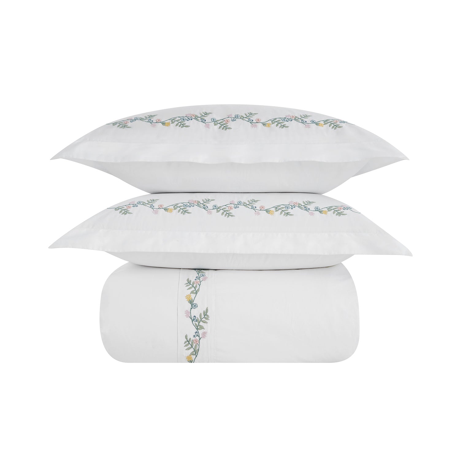 Meadow White Floral Embroidered 300 Thread Count Cotton Percale Duvet Set
