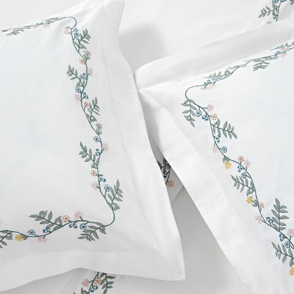 Meadow White Floral Embroidered 300 Thread Count Cotton Percale Duvet Set