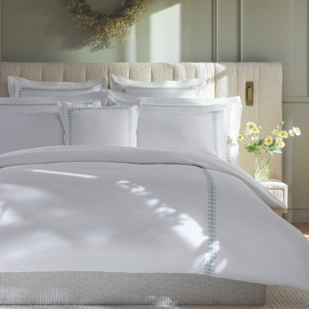 Milano Sea Spray Green Knot Embroidered 600 Thread Count Cotton Sateen Duvet Set