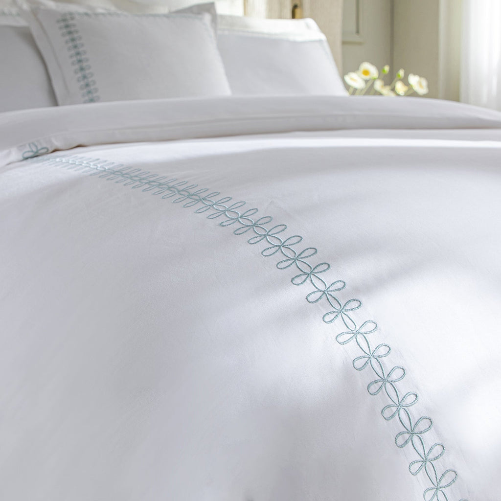 Milano Sea Spray Green Knot Embroidered 600 Thread Count Cotton Sateen Duvet Set