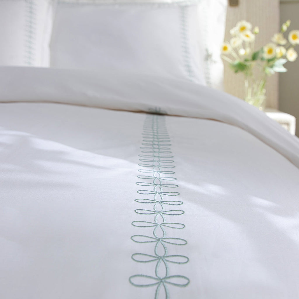 Milano Sea Spray Green Knot Embroidered 600 Thread Count Cotton Sateen Duvet Set