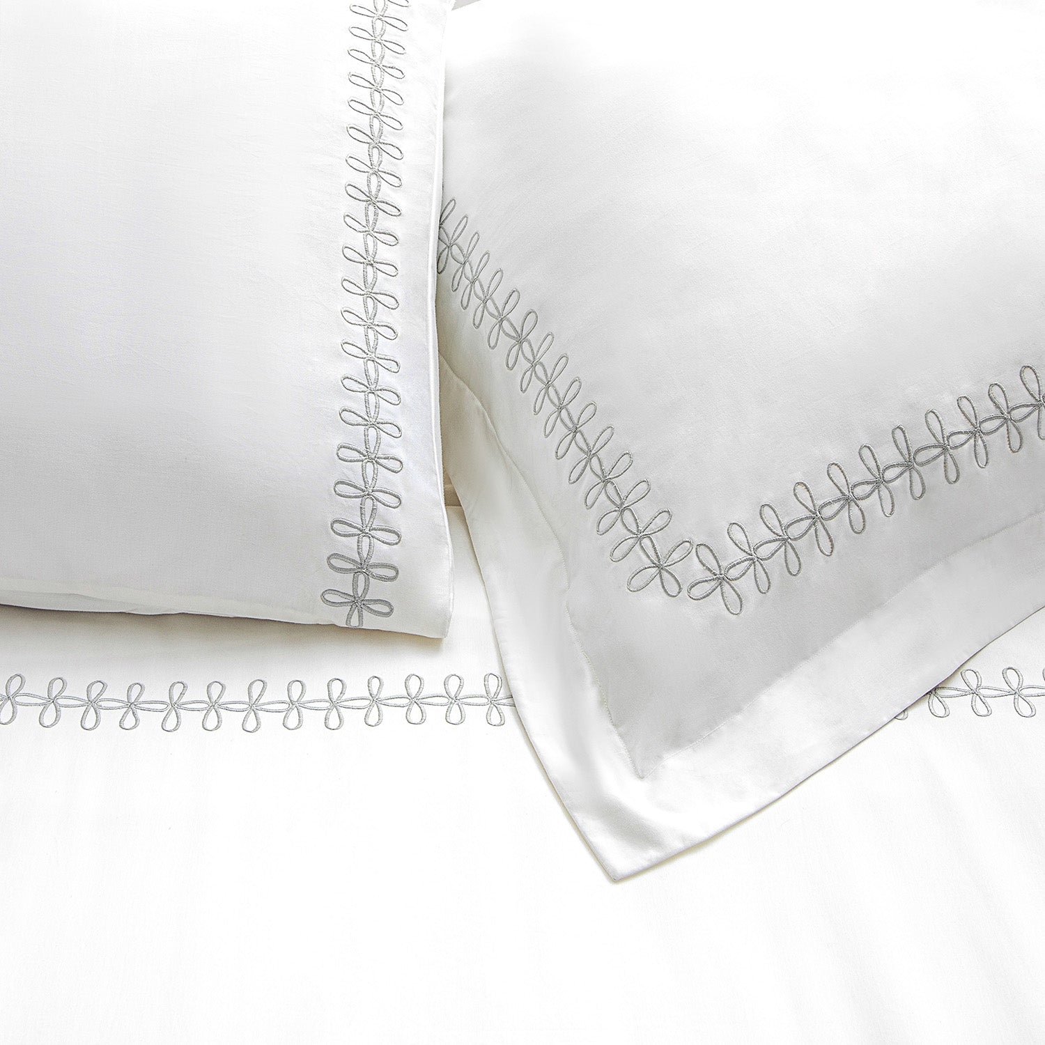 Milano Glacier Grey Knot Embroidered 600 Thread Count Cotton Sateen Kingsize Oxford Pillowcases - Pair