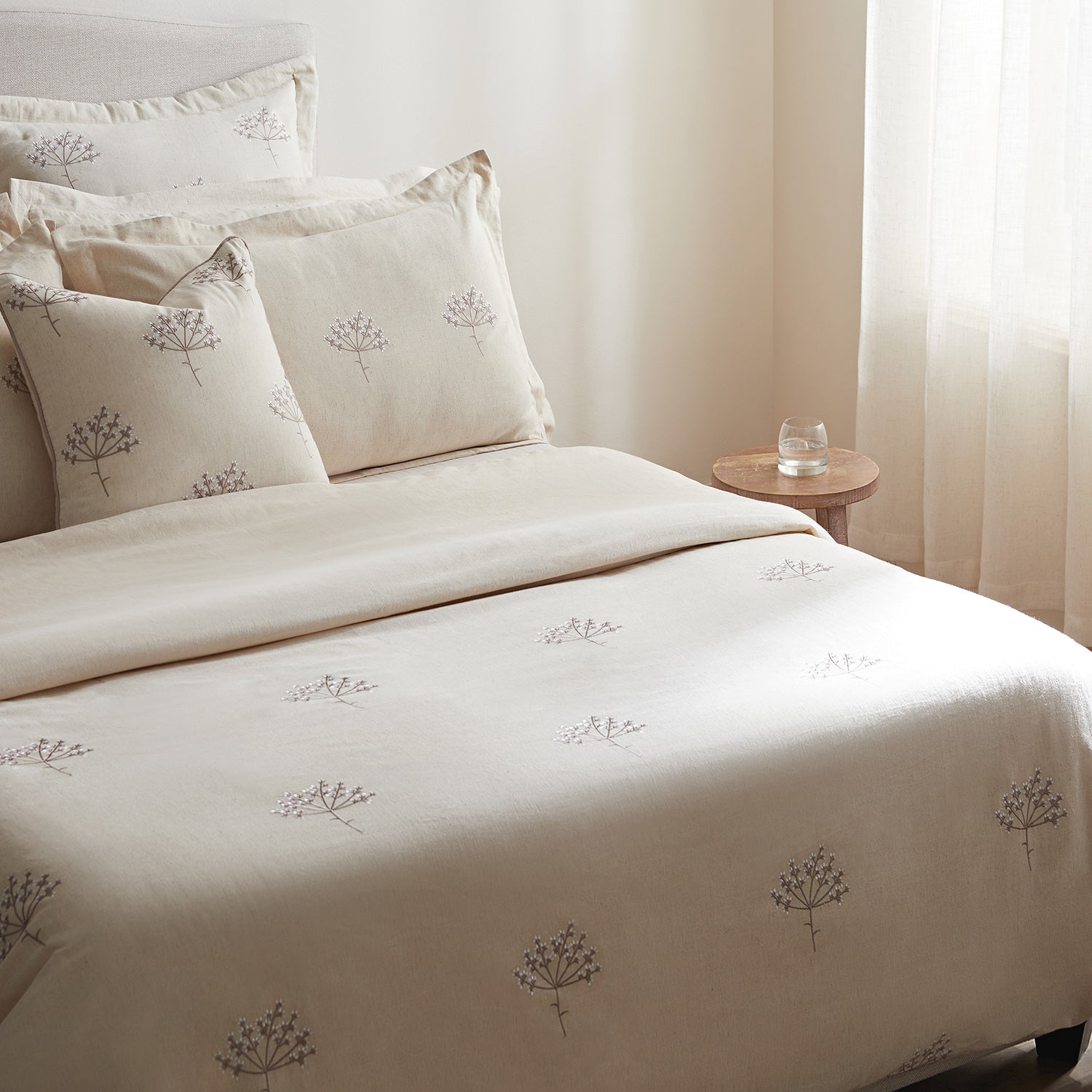 Meadow Cream Sprig Embroidered Linen Blend Duvet Set