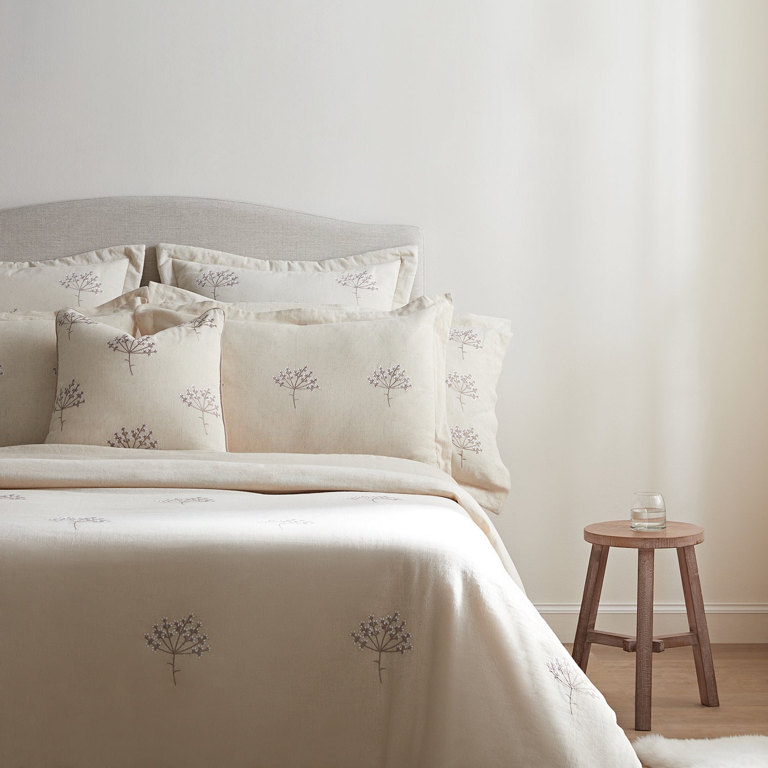Meadow Cream Sprig Embroidered Linen Blend Duvet Set