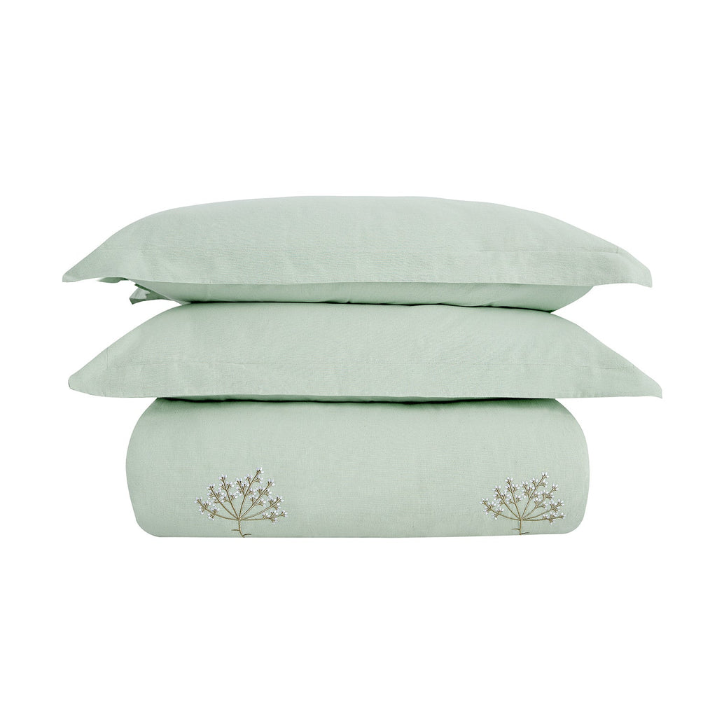 Meadow Seafoam Green Sprig Embroidered Linen Blend Duvet Set