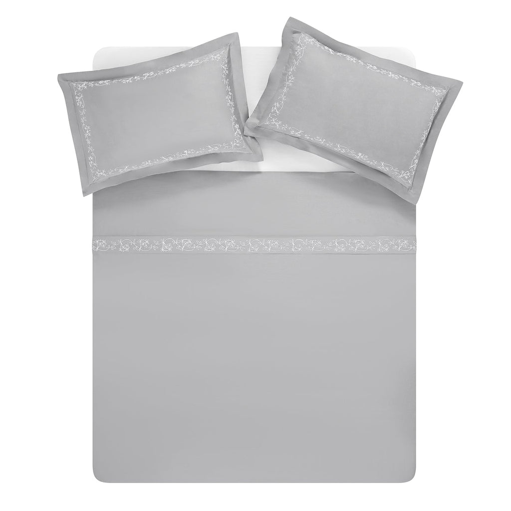 Valentina Grey Floral Embroidered 600 Thread Count Cotton Sateen Duvet Set
