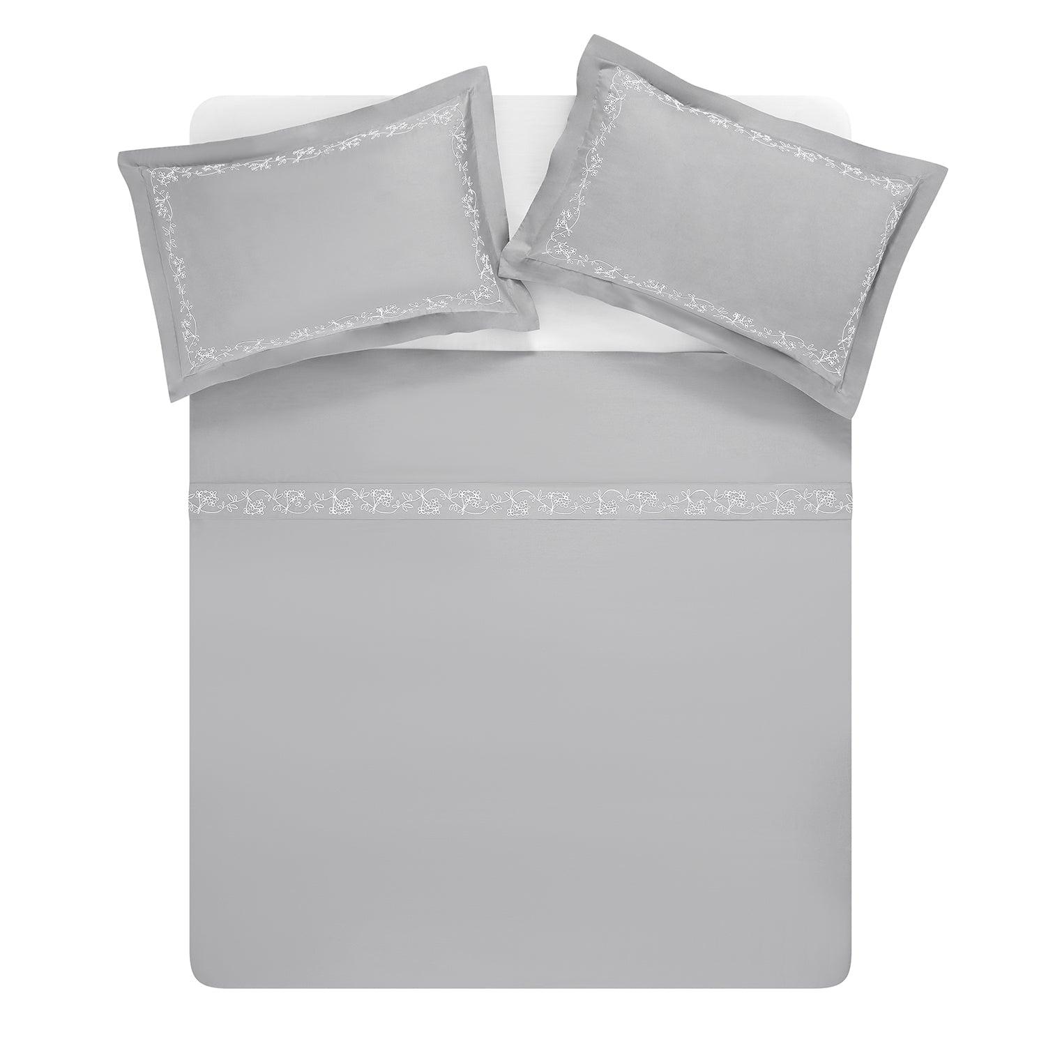 Valentina Grey Floral Embroidered 600 Thread Count Cotton Sateen Duvet Set