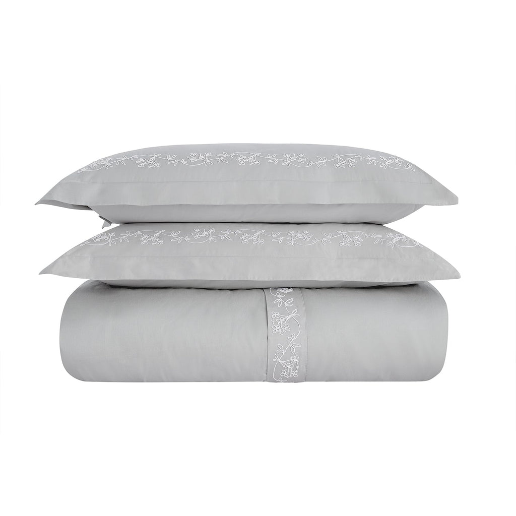Valentina Grey Floral Embroidered 600 Thread Count Cotton Sateen Duvet Set