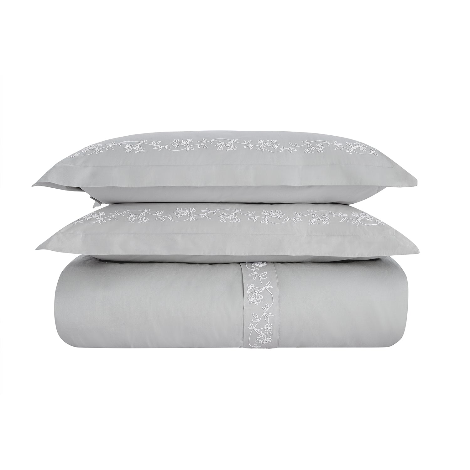 Valentina Grey Floral Embroidered 600 Thread Count Cotton Sateen Duvet Set