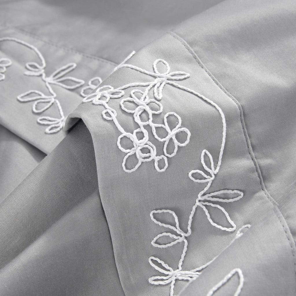 Valentina Grey Floral Embroidered 600 Thread Count Cotton Sateen Duvet Set