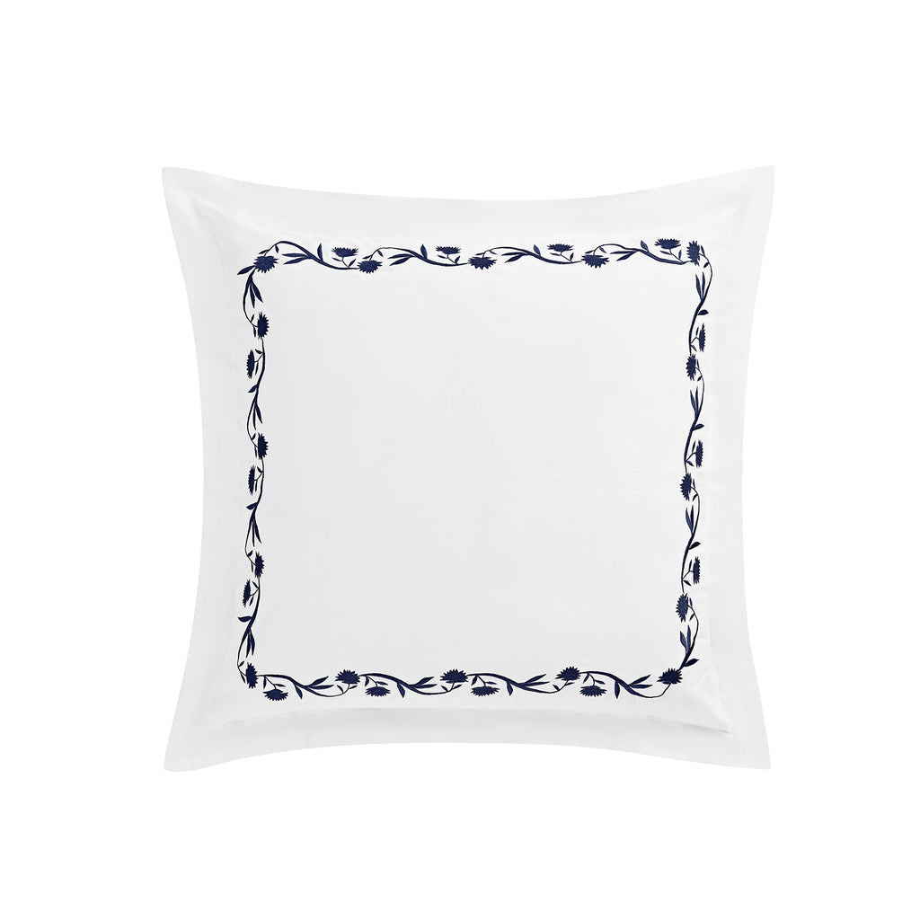 Adeline Midnight Blue Floral Embroidered 600 Thread Count Cotton Sateen Continental Square Pillowcases - Pair
