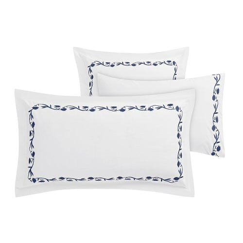 Adeline Midnight Blue Floral Embroidered 600 Thread Count Cotton Sateen Continental Square Pillowcases - Pair
