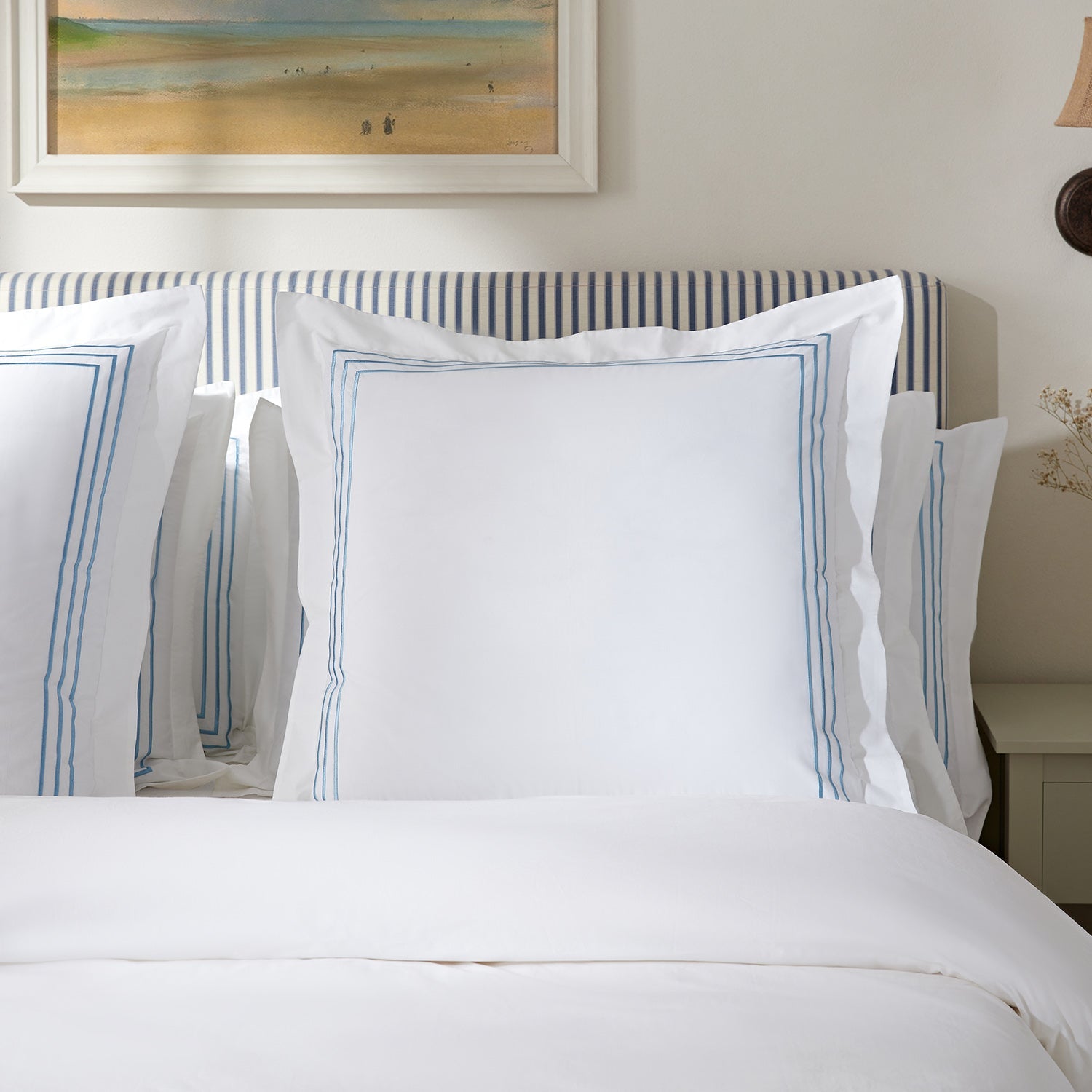 Belvedere Royal Blue Cord Embroidered 300 Thread Count Cotton Percale Continental Square Pillowcases - Pair